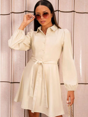 balloon sleeve faux leather shirt dress in cream img1