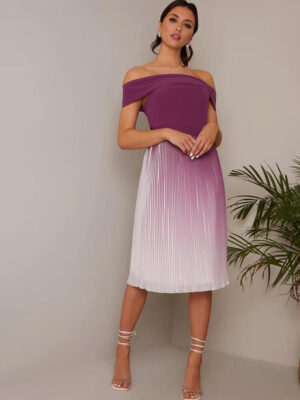 bardot ombre pleated midi dress in purplem img1