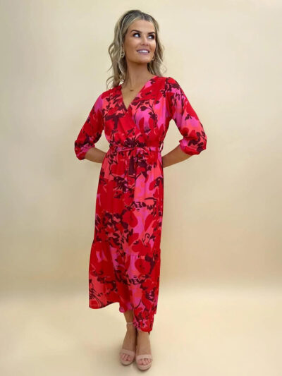 boho midi dress in red pink print img1