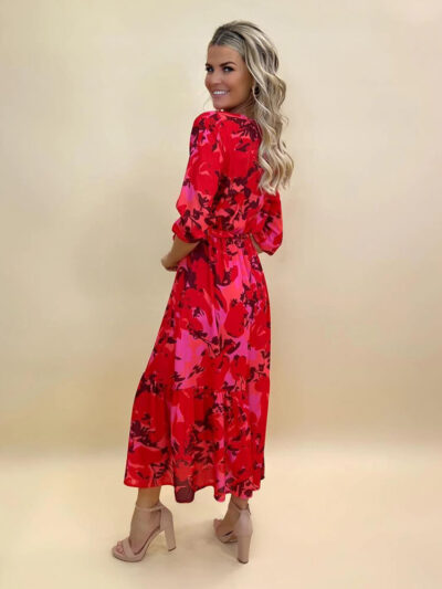 boho midi dress in red pink print img3