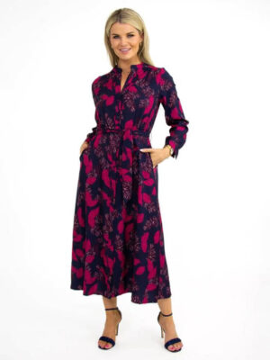 capri dress in navy magenta feather leaf print img1