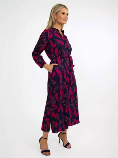 capri dress in navy magenta feather leaf print img2