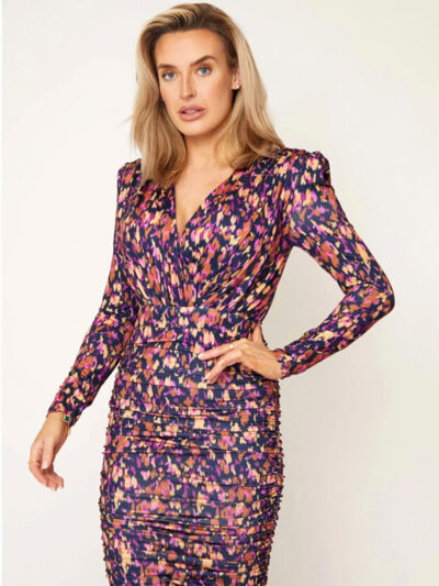 india purple animal long sleeve ruched midi dress img1