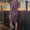 india purple animal long sleeve ruched midi dress img4