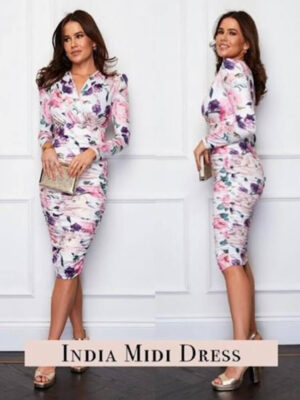 india white floral long sleeve ruched midi dress img