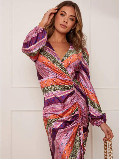 long sleeve abstract print wrap dress in purple img2