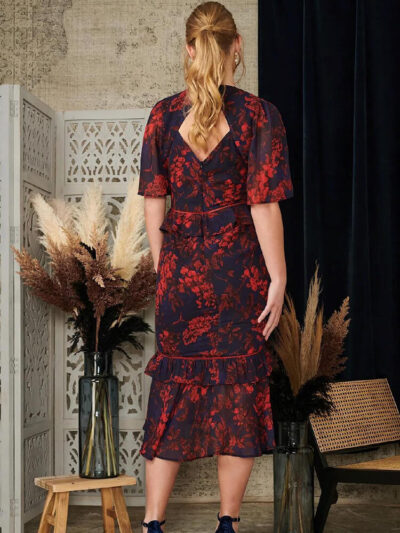 the wren v neck midi tea dress with peplum waist and tiered ruffle skirt img1