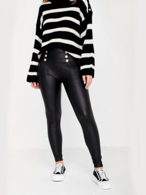 gold button high waisted faux leather leggings in black img1