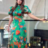 lilith green orange floral puff sleeve high neck midi dress img1