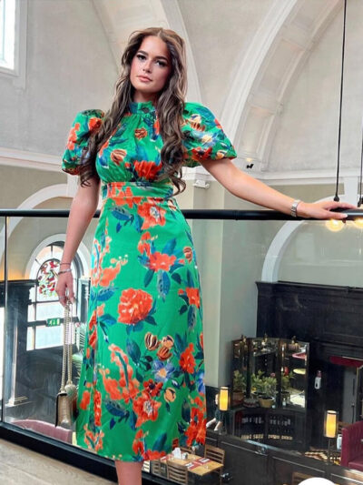 lilith green orange floral puff sleeve high neck midi dress img1