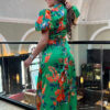 lilith green orange floral puff sleeve high neck midi dress img2