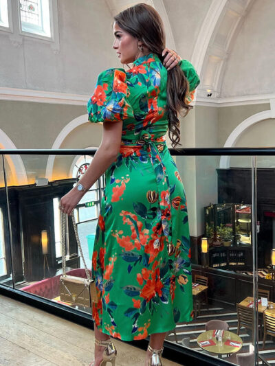 lilith green orange floral puff sleeve high neck midi dress img2