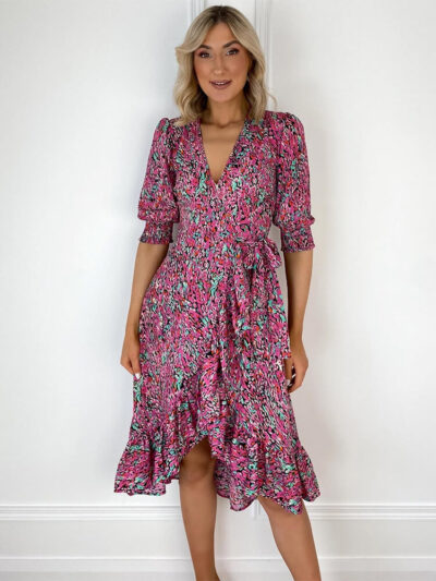 pink print wrap dress img2